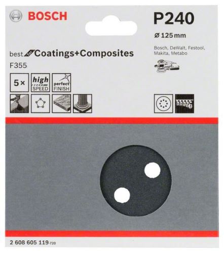 BOSCH brusni papir F355, pakiranje od 5 komada 125 mm, 240 2608605119