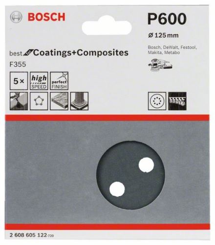 BOSCH brusni papir F355, pakiranje od 5 komada 125 mm, 600 2608605122