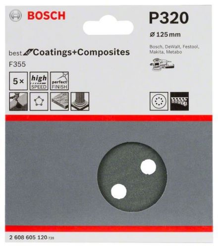 BOSCH brusni papir F355, pakiranje od 5 komada 125 mm, 320 2608605120