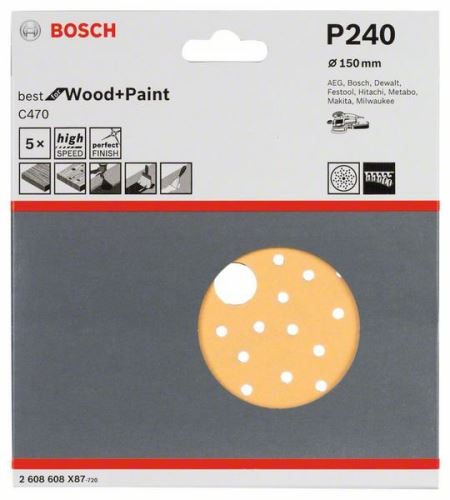 BOSCH Brusni papir C470 za ekscentrične brusilice, Best for Wood and Paint, promjer 150 mm, 240 višestruka perforacija (5 kom) 2608608X87