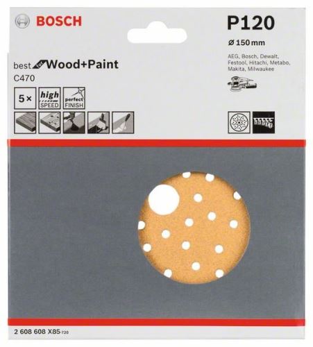 BOSCH brusni papir C470 za ekscentrične brusilice, Best for Wood and Paint, promjer 150 mm, 120 višestrukih perforacija (5 kom) 2608608X85