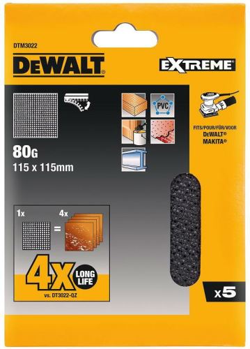 DeWALT brusna mrežica, čičak, 115 x 115 mm, P80 (5 kom) DTM3022